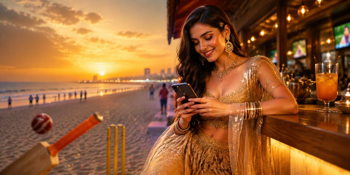 Woman placing bets on cricket at Chennai Marina Beach using smartphone