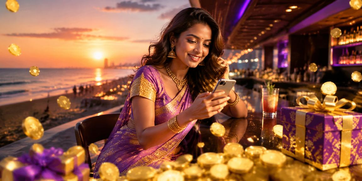 Woman using phone for sports and live casino betting at Chennai Marina Beach