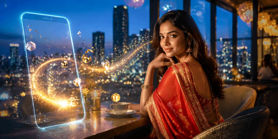 Joyful young woman registering on mobile casino platform with festive backdrop